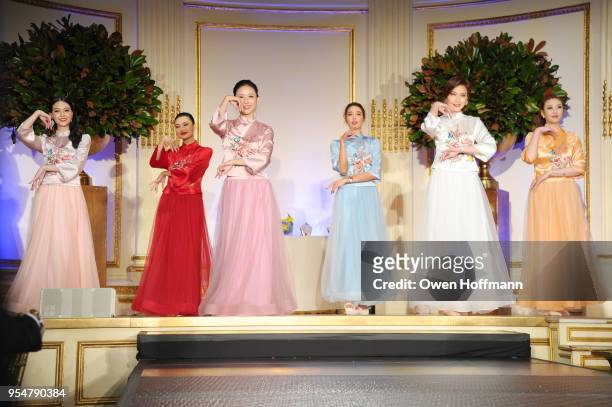 Miss Universe China winners Joyce Li, Jin Ye, Jessica Xue, Roseline Luo, Diana Xu, and Karen Hu perform onstage during the 2018 China Fashion Gala at...