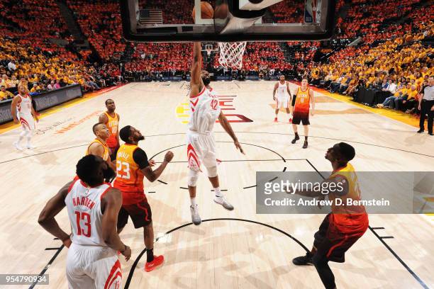 Nene Hilario of the Houston Rockets shoots the ball against the Utah Jazz during Game Three of the Western Conference Semifinals of the 2018 NBA...