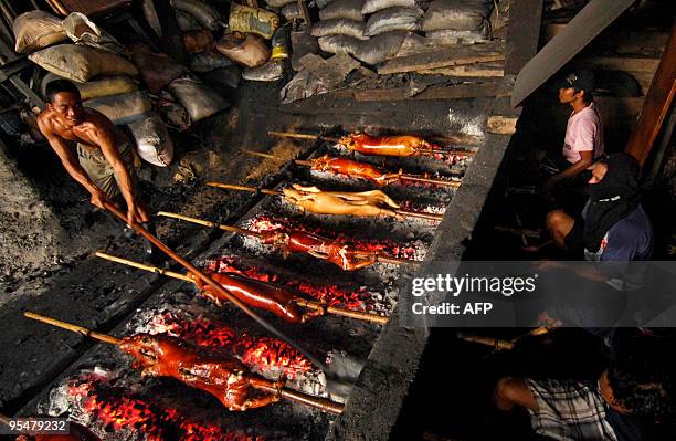 Worker roasts pigs at a store in the Manila suburbs on December 20, 2009 ahead of Christmas Day. "Lechon", or roasted pig, has always been a regular...