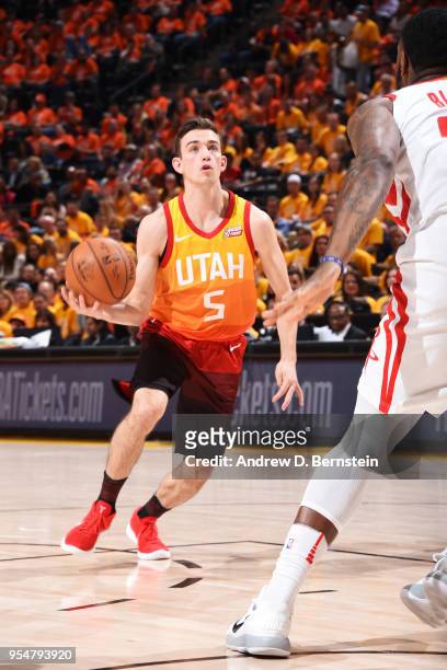 David Stockton of the Utah Jazz goes to the basket against the Houston Rockets during Game Three of the Western Conference Semifinals of the 2018 NBA...