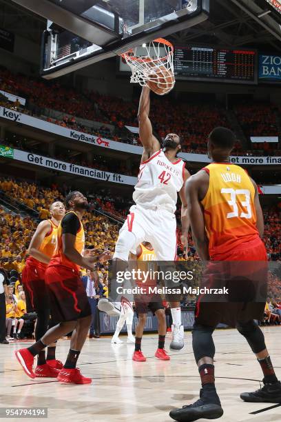 Nene Hilario of the Houston Rockets drives to the basket during the game against the Utah Jazz during Game Three of the Western Conference Semifinals...