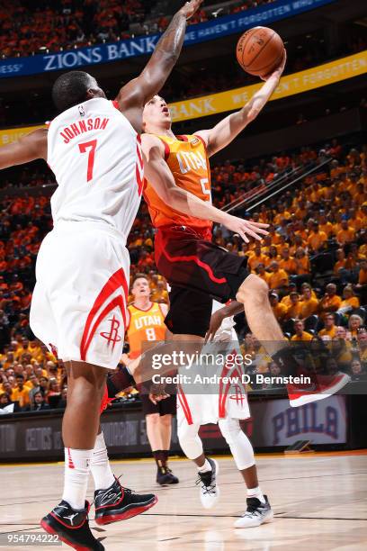 David Stockton of the Utah Jazz goes to the basket against the Houston Rockets during Game Three of the Western Conference Semifinals of the 2018 NBA...