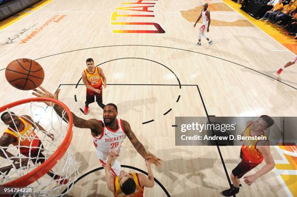 Tarik Black of the Houston Rockets shoots the ball against the Utah Jazz during Game Three of the Western Conference Semifinals of the 2018 NBA...