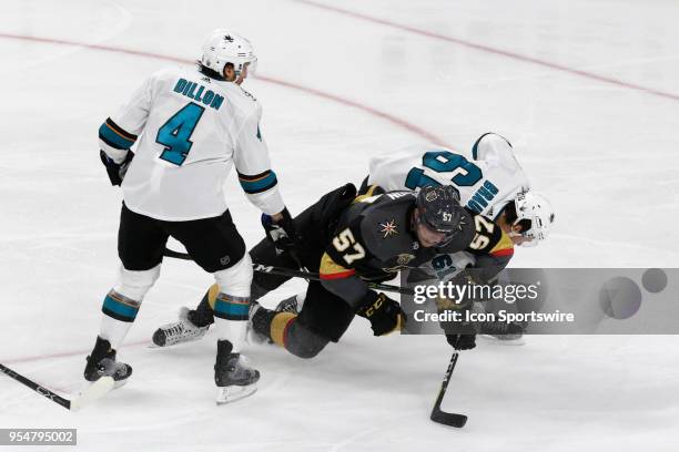 Vegas Golden Knights left wing David Perron collides with San Jose Sharks defenseman Justin Braun during Game 5 of the Western Conference Second...
