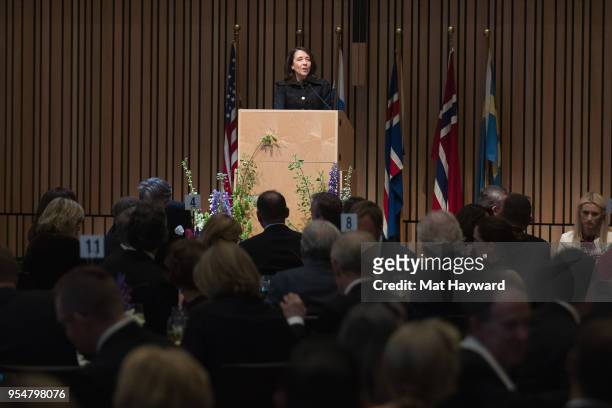 United States Senator Maria Cantwell speaks on stage during a Reception Gala at the Nordic Museum during the Denmark launch of a nationwide cultural...
