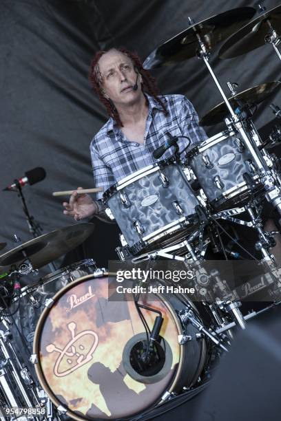 Drummer Morgan Rose of Sevendust performs at Charlotte Motor Speedway on May 4, 2018 in Charlotte, North Carolina.