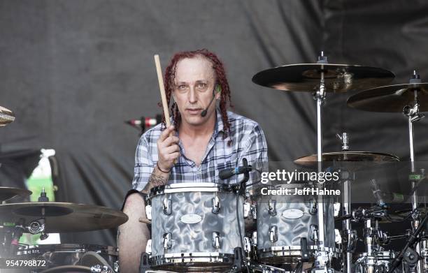 Drummer Morgan Rose of Sevendust performs at Charlotte Motor Speedway on May 4, 2018 in Charlotte, North Carolina.