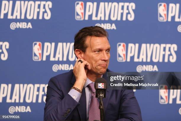 Coach Quin Snyder of the Utah Jazz speaks during a press conference after Game Three of the Western Conference Semifinals of the 2018 NBA Playoffs on...