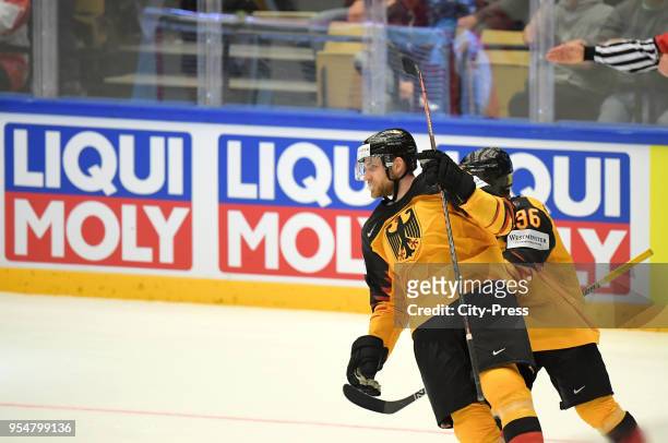 Leon Draisaitl of Team Germany celebrates after scoring the 2:2 during the World Championship game between Germany and Denmark at Jyske Bank Boxen on...