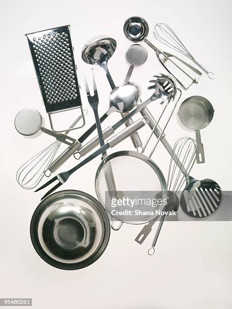 stainless steel kitchen tools - utensil stock pictures, royalty-free photos & images