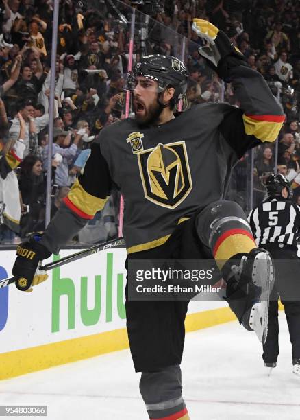 Alex Tuch of the Vegas Golden Knights reacts after scoring a power-play goal against the San Jose Sharks in the second period of Game Five of the...