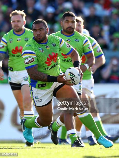 Junior Paulo of the Raiders in action during the round nine NRL match between the Canberra Raiders and the Gold Coast Titans at GIO Stadium on May 5,...