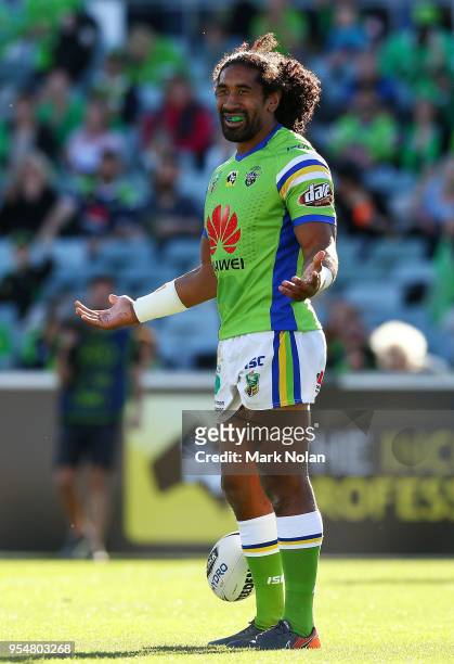 Iosia Soliola of the Raiders celebrates scoring a try during the round nine NRL match between the Canberra Raiders and the Gold Coast Titans at GIO...