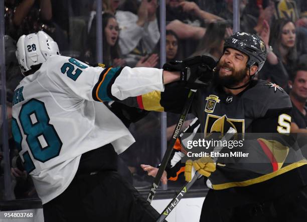 Deryk Engelland of the Vegas Golden Knights shoves Timo Meier of the San Jose Sharks in the third period of Game Five of the Western Conference...
