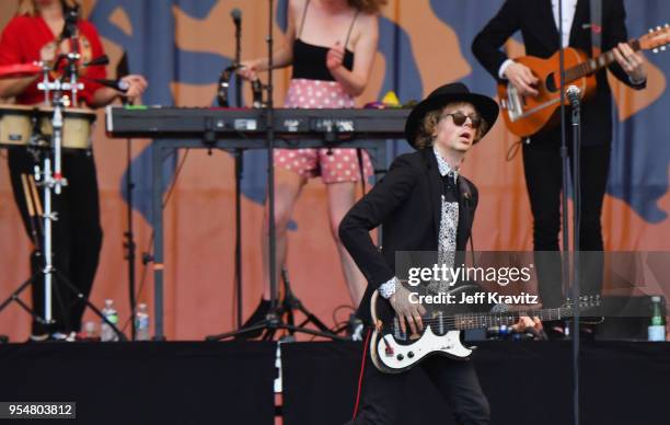 Beck performs onstage during Day 5 of the 2018 New Orleans Jazz & Heritage Festival at Fair Grounds Race Course on May 4, 2018 in New Orleans,...