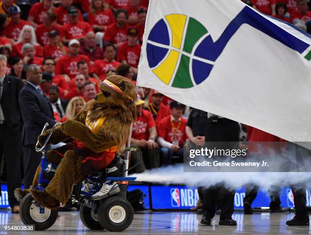 The Utah Jazz mascot "Jazz Bear' performs during a time out in the second half during Game Three of Round Two of the 2018 NBA Playoffs against the...