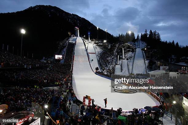 General view is seen during final for the FIS Ski Jumping World Cup event at the 58th Four Hills ski jumping tournament at Erdinger Arena on December...