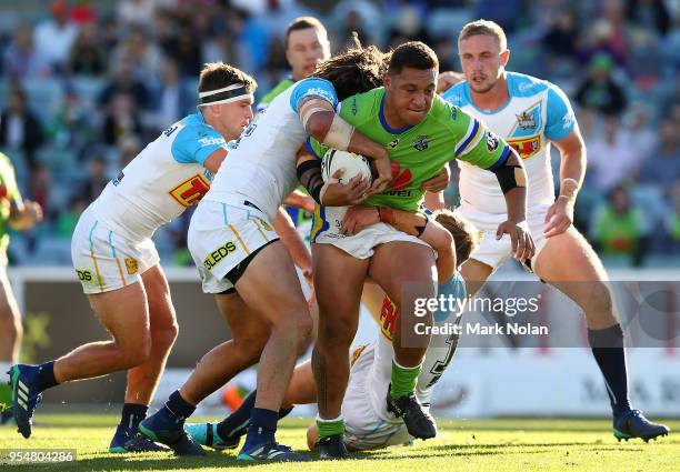 Joshua Papalii of the Raiders runs the ball during the round nine NRL match between the Canberra Raiders and the Gold Coast Titans at GIO Stadium on...