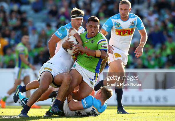 Joshua Papalii of the Raiders runs the ball during the round nine NRL match between the Canberra Raiders and the Gold Coast Titans at GIO Stadium on...