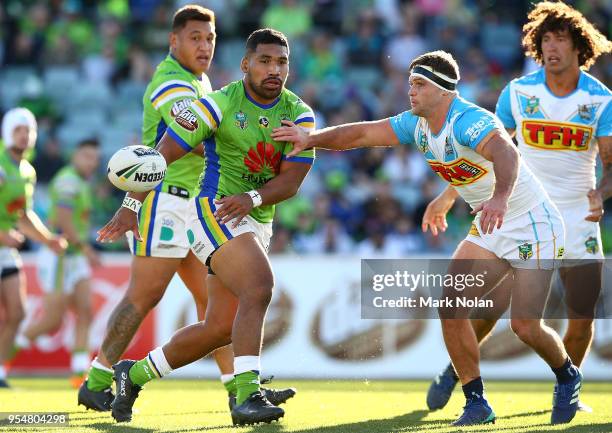 Siliva Havili of the Raiders passes during the round nine NRL match between the Canberra Raiders and the Gold Coast Titans at GIO Stadium on May 5,...