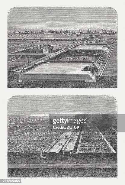 abwasserbehandlung in paris und seine verwendung in der landwirtschaft, 1888 - water treatment stock-grafiken, -clipart, -cartoons und -symbole