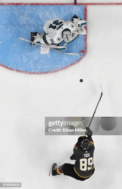 Alex Tuch of the Vegas Golden Knights scores a goal against Martin Jones of the San Jose Sharks in the third period of Game Five of the Western...