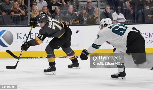 Justin Braun of the San Jose Sharks blocks a shot by William Karlsson of the Vegas Golden Knights in the second period of Game Five of the Western...