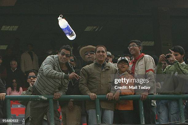 Angry Indian cricket supporters show their frustration after the cancellation of the fifth and final One Day International cricket match at The Feroz...