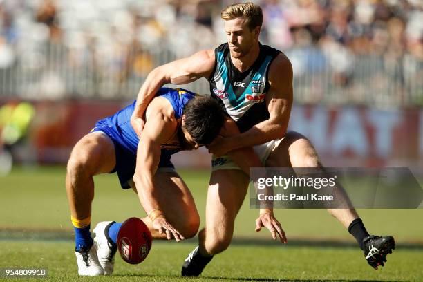 Josh Kennedy of the Eagles and Tom Jonas of the Power contest for the ball during the round seven AFL match between the West Coast Eagles and the...