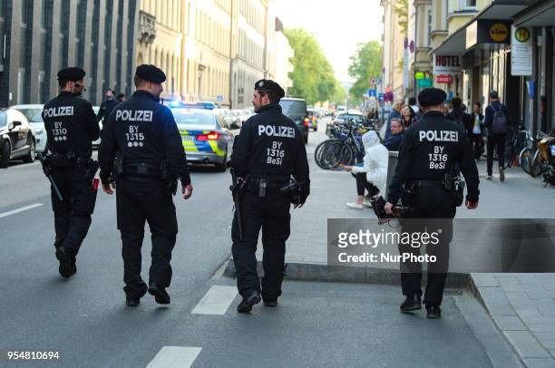 Policemen walking. The youth alliance against the Bavarian Polizeiaufgabengesetz demonstrated to mobilise for the big demonstration on Thursday 10th...