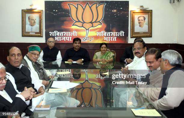 President Nitin Gadkari, BJP Chairman L.K. Adwani, Sushma Swaraj, Rajnath Singh, Arun Jaitly and other leaders during the BJP Parliamentary Board...