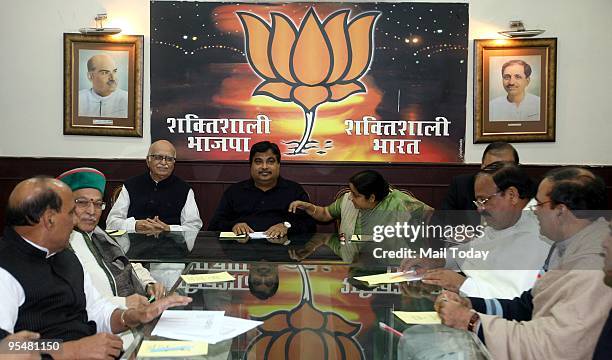 President Nitin Gadkari, BJP Chairman L.K. Adwani, Sushma Swaraj, Rajnath Singh, Arun Jaitly and other leaders during the BJP Parliamentary Board...