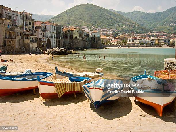 cefalu sicily - italian beach fun stock pictures, royalty-free photos & images
