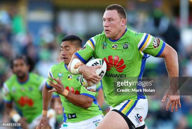 Shannon Boyd of the Raiders makes a line break during the round nine NRL match between the Canberra Raiders and the Gold Coast Titans at GIO Stadium...