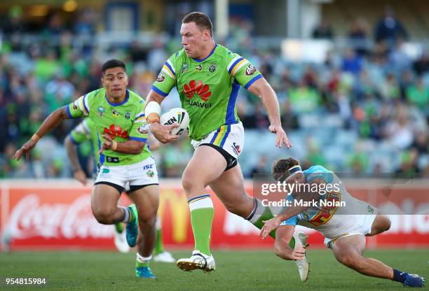 Shannon Boyd of the Raiders makes a line break during the round nine NRL match between the Canberra Raiders and the Gold Coast Titans at GIO Stadium...