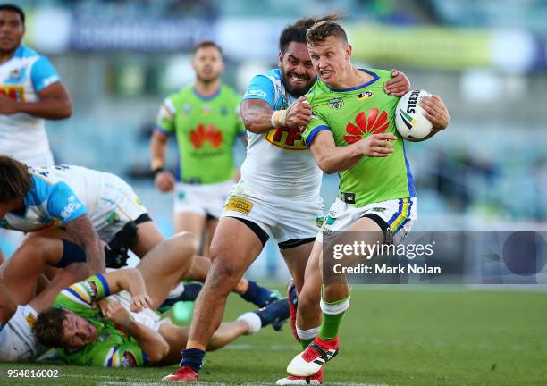 Jack Wighton of the Raiders runs the ball during the round nine NRL match between the Canberra Raiders and the Gold Coast Titans at GIO Stadium on...