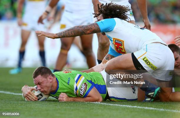 Shannon Boyd of the Raiders scores a try during the round nine NRL match between the Canberra Raiders and the Gold Coast Titans at GIO Stadium on May...