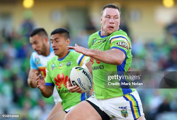 Shannon Boyd of the Raiders makes a line break during the round nine NRL match between the Canberra Raiders and the Gold Coast Titans at GIO Stadium...