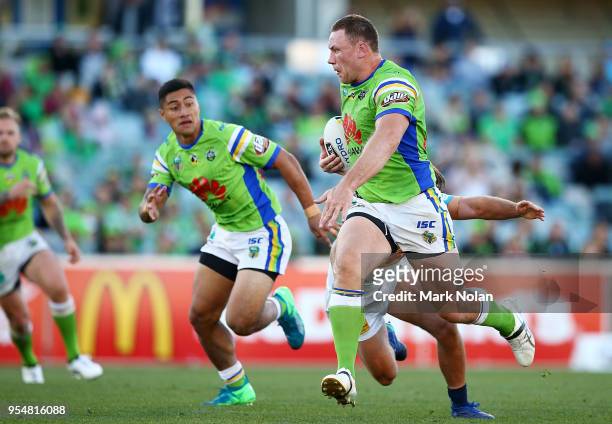Shannon Boyd of the Raiders makes a line break during the round nine NRL match between the Canberra Raiders and the Gold Coast Titans at GIO Stadium...
