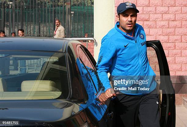 Virender Sehwag arrives at a practice session ahead of the fifth and the final ODI against Sri Lanka on Saturday, December 26, 2009.
