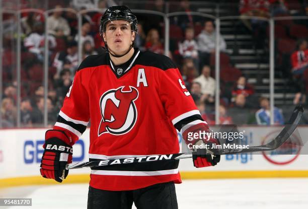 Zach Parise of the New Jersey Devils loks on against the Atlanta Thrashers at the Prudential Center on December 28, 2009 in Newark, New Jersey. The...