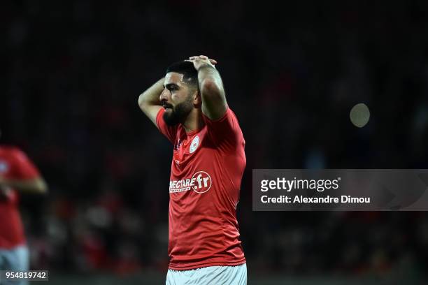 Umut Bozok of Nimes during the French Ligue 2 match between Nimes and Gazelec Ajaccio at Stade des Costieres on May 4, 2018 in Nimes, France.
