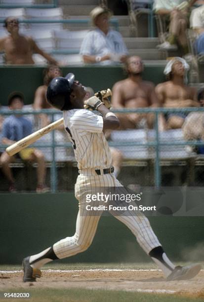 S: Second baseman Willie Randolph of the New York Yankees swings and watches the flight of his ball during a spring training Major League Baseball...