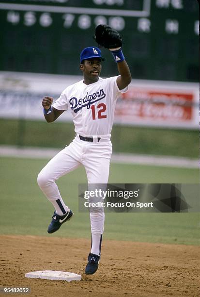 Second baseman Willie Randolph of the Los Angeles Dodgers in action at second base during a spring training Major League Baseball game circa 1989 at...