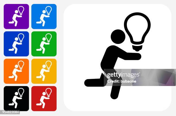 chasing idea icon square button set - stick figure stock illustrations
