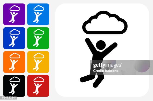 cloud stick figure icon square button set - flying in sync stock illustrations