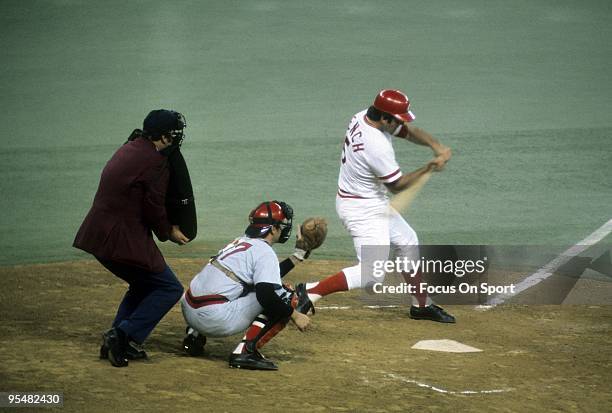 Outfielder Carl Yastrzemski of the Boston Red Sox fouled off a pitch against the Cincinnati Reds during the World Series in October 1975 at...