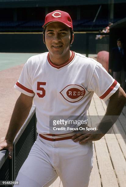 S: Catcher Johnny Bench of the Cincinnati Reds standing in the dougout, poses for this photo before a MLB baseball game circa 1970's at Riverfront...