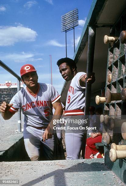 Catcher Johnny Bench of the Cincinnati Reds in the dougout talking with teammate Joe Morgan during a MLB baseball game circa 1970's. Bench Played for...