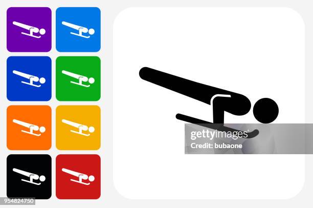 skeleton sledding icon square button set - yellow sled stock illustrations